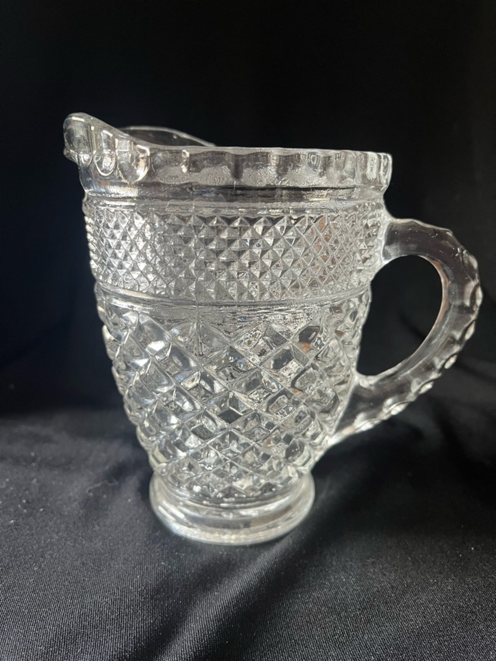 Anchor Hocking Clear Cut-Glass Pitcher with Faceted Diamond Wexford Pattern.